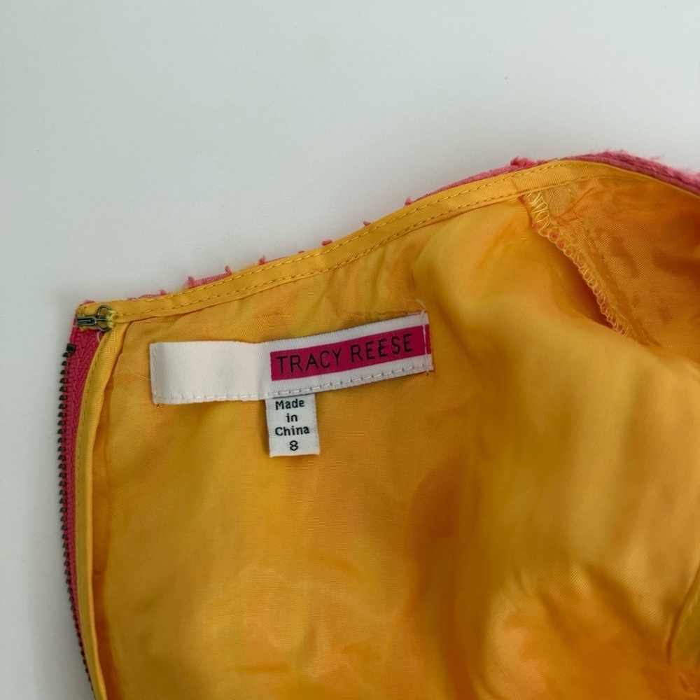 Tracy Reese Pink Yellow Linen Blend Fit Flare Midi Dress 8 Spring Wedding Guest - Picture 6 of 9